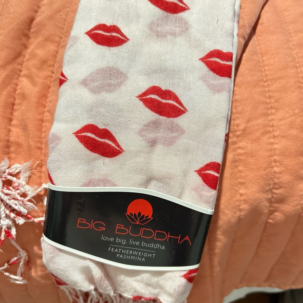 Big Buddha Featherweight White Pashima Scarf with Red Lip Design